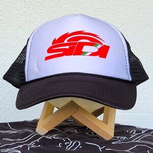 vintage black, red, and white snapback trucker hat